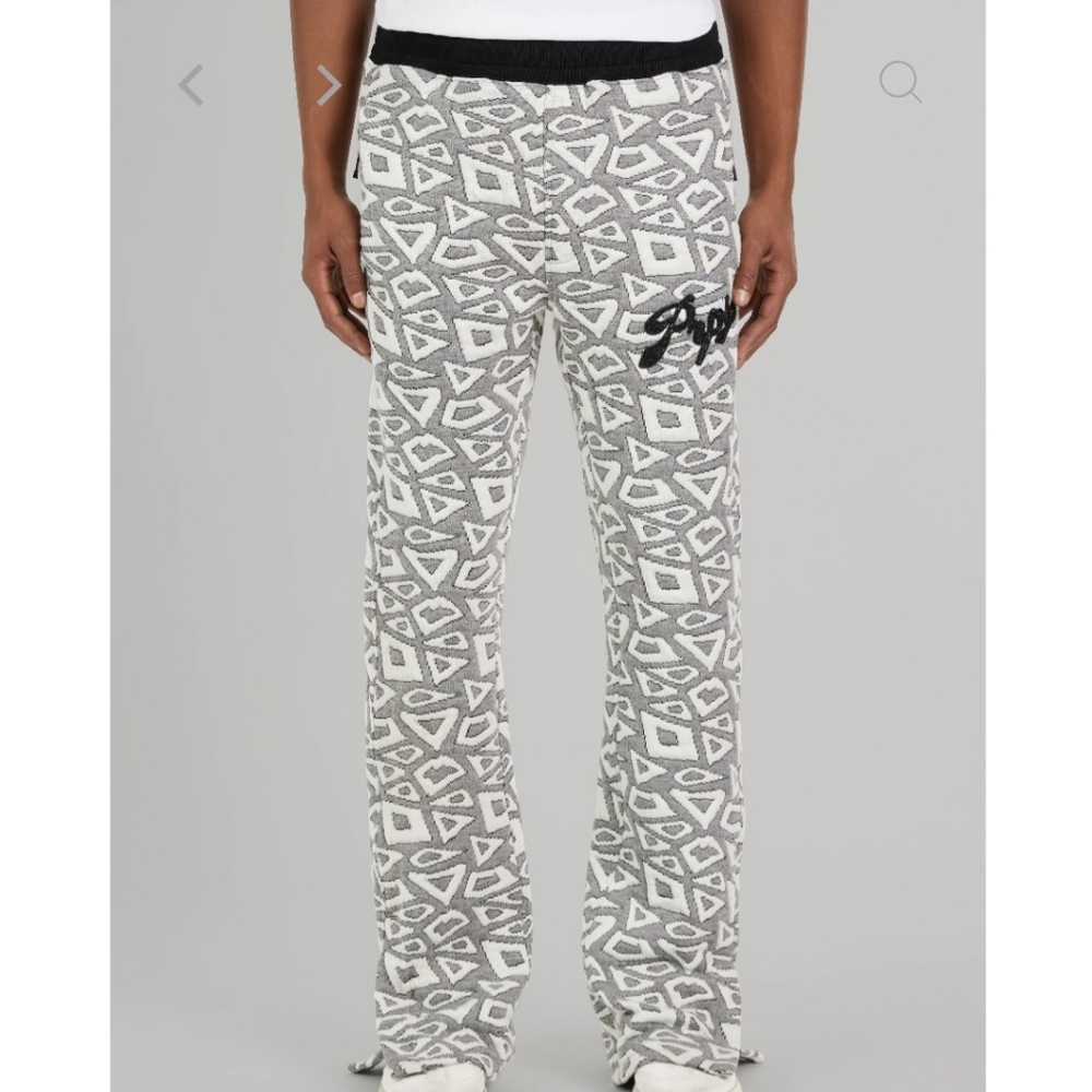 NWT PRPS Shipway Flare Joggers Gray White Black Geometric Knit Snap Hem Pockets